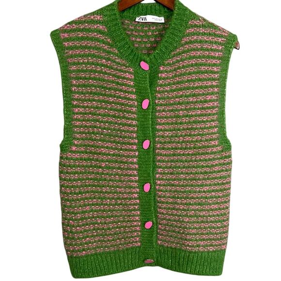 Zara Sweater Vest Green Pink Metal Buttons Size M Grandpacore Cottagecore Boho - Picture 2 of 8